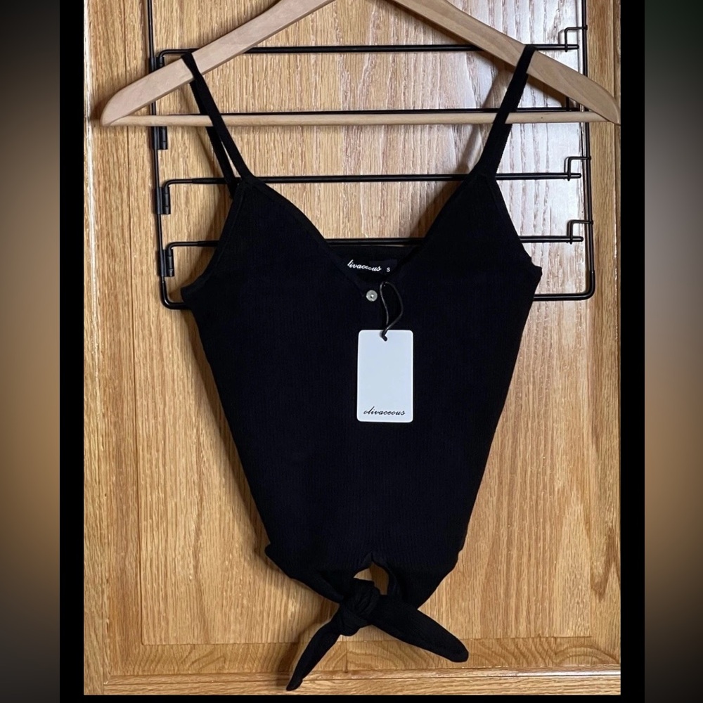 Olivaceous Cropped Tank Top Camisole Women Small Ribbed Knit Black Front Tie New
